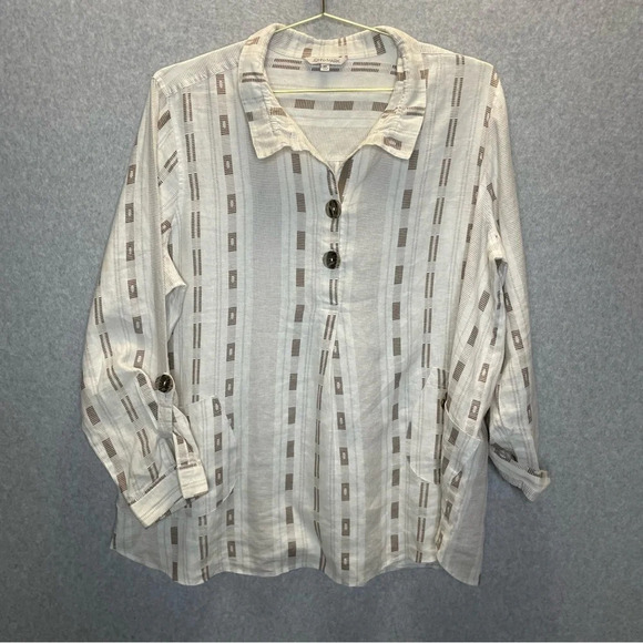 John Mark 100% Linen Roll Tab Henley Button Down Bucket Pocket Tunic Top - Picture 1 of 7